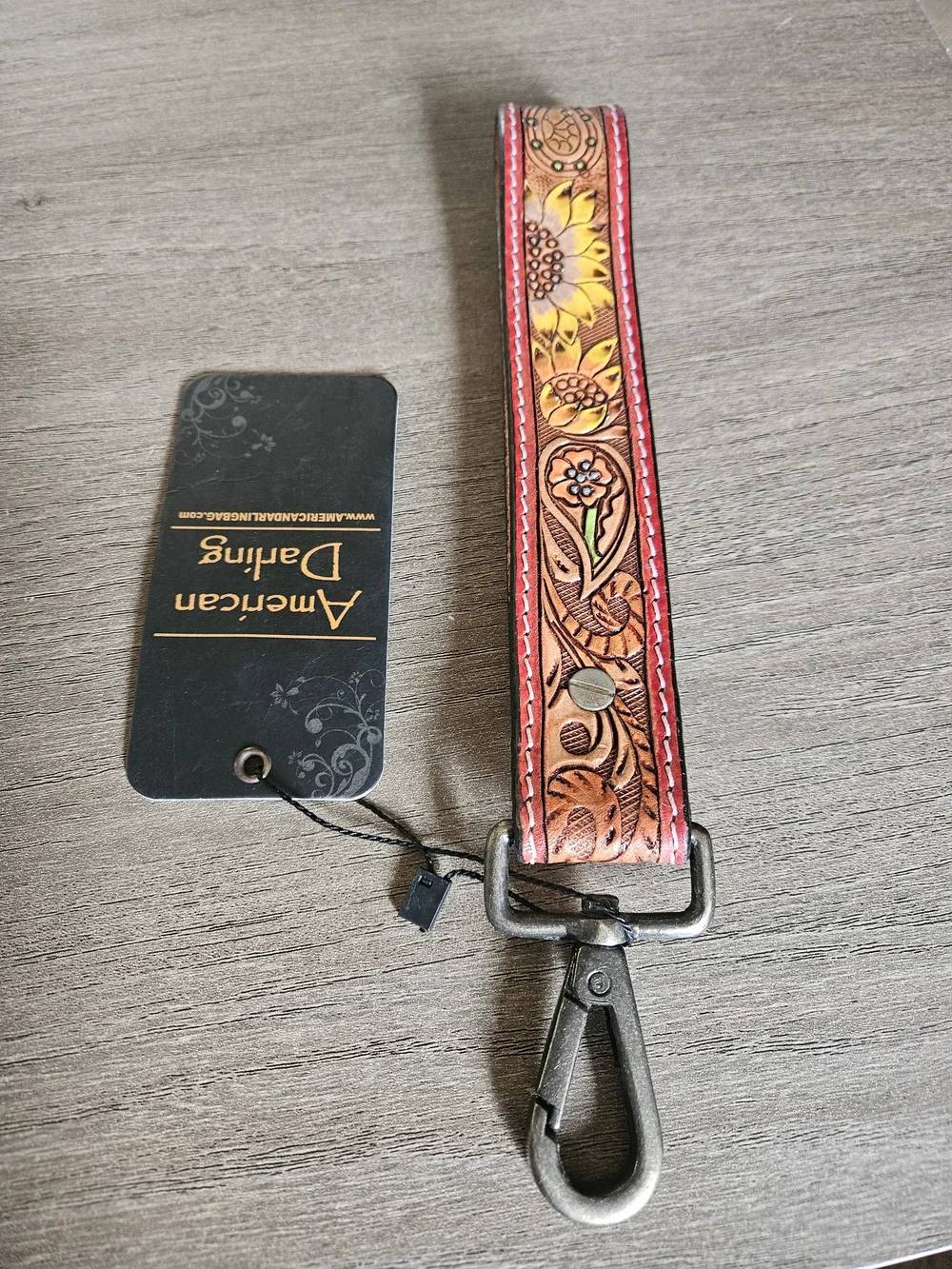 American Darling Red-Trim Tooled Leather Key Fob Wristlet with Concho-NWT